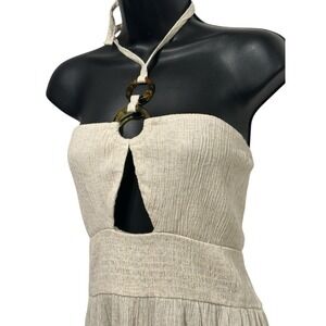 Topshop Women Dress 14 Maxi Bandeau Ring Halter Oatmeal‎ Linen Blend NWT New